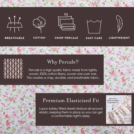 Laura Ashley - Standard Pillowcase Set, Breathable Percale Cotton Bedding, Crisp & Cool Home Decor (Norella Pink, 2 Piece)