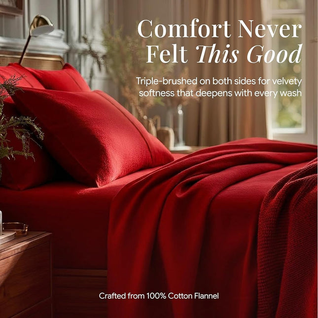 Tribeca Living FLSOEDSS Luxury Solid Flannel Deep Pocket Sheet Set, King, Dark Red