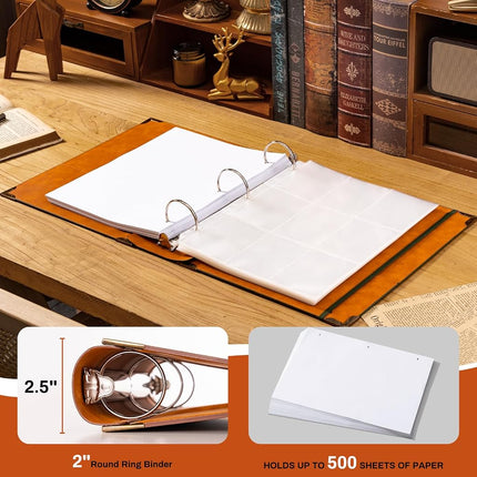 Ovesmusl Leather 3 Ring Binder Fits 8.5"x11" Letter Size Paper, 2 Inch Round Ring Binder Holds 500 Sheets, Notepad Paper Cover Loose Leaf Organizer, Brown Tree