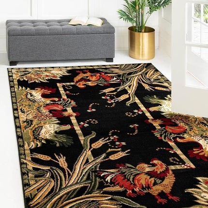 Alfombra Unique Loom Barnyard Collection - Granja (4' 1" x 6' 1" Rectangular, Negro/Crema)