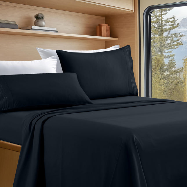 Elegant Comfort Luxury 4-Piece Bed Sheet Set - Luxury Bedding 1500 Premium Hotel Quality Microfiber, Wrinkle Resistant Cool and Breathable, Easy Elastic Fitted, RV Short Queen, Black