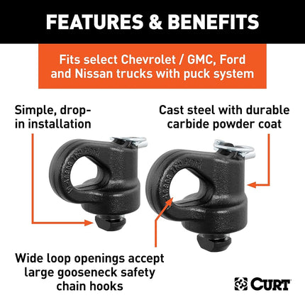 CURT 60691 OEM Puck System Gooseneck Safety Chain Anchors, 30K, Fits Select Silverado, Sierra 2500, 3500 HD, F-250, F-350, Nissan Titan XD