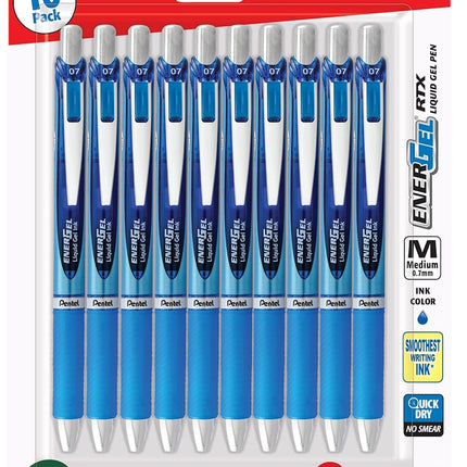 Pentel EnerGel RTX - Juego de bolígrafos retráctiles de tinta de gel líquida prémium, punta de aguja (0.7 mm), ultrasuaves, trazo medio, tinta azul, paquete de 10
