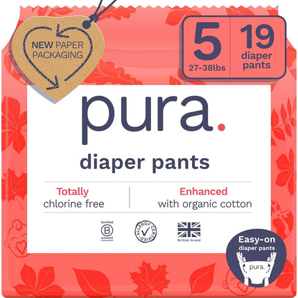 Pura Hypoallergenic Diaper Pants Size 7 (37+ lbs) Overnight, up to 12 Hours Leak Protection, Suitable for Sensitive Skin, Totally Chlorine Free, Soft Organic Cotton, 1 Pack of 17 Pull Up Pants