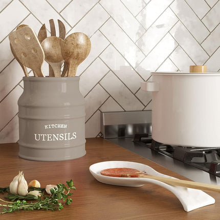 Barnyard Designs Ceramic Farmhouse Utensil Holder for Kitchen Counter, Large Rustic Utensil Crock, Countertop Cooking Tool Organizer, 6.75”, Taupe
