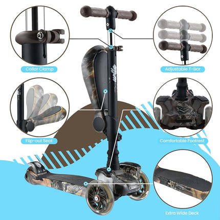 Hurtle 3 Wheeled Scooter for Kids - Tri Scooter, Stand & Cruise Child/Toddlers Toy Folding Kick Scooters w/Adjustable Height, Anti-Slip Deck, Flashing Wheel Lights, for Boys/Girls 2-12 Year Old