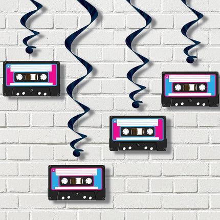 Beistle S54703AZ1 5 Piece 80's Theme Cassette Tape Hanging Swirl Decorations Retro 1980's Party Décor Whirls, Plastic Paper, Black/White/Pink/Turquoise