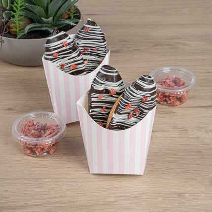 Bio Tek 3.9 x 2.6 x 3.5 Inch French Fry Cup, 100 Disposable Snack Cups - Stackable, Sustainable, Pink and White Paper 2 Ounce Fry Holder, for Fries, Onion Rings, Popcorn, or Cookies - Restaurantware