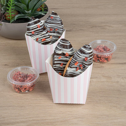 Bio Tek 3.9 x 2.6 x 3.5 Inch French Fry Cup, 100 Disposable Snack Cups - Stackable, Sustainable, Pink and White Paper 2 Ounce Fry Holder, for Fries, Onion Rings, Popcorn, or Cookies - Restaurantware