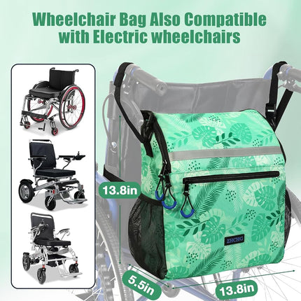 ZHCHG Wheelchair Bags, Wheelchair Backpack with Cup Holder, Wheelchair Bags to Hang on Back, Electric Wheel Chair Accessories, Large Storage Bag for Walker Rollator (Green)
