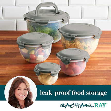 Rachael Ray Leak-Proof Nestable Container Food Storage Bin Set, 10 Piece, Gray Lids