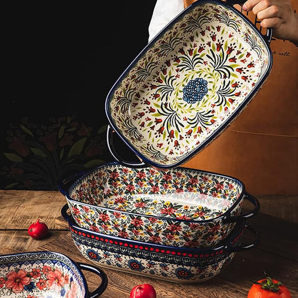 Bicuzat Vintage Style Pottery Bakeware Ceramic Casserole Dish Baking Pan Lasagna Pans Baking Dish with Handles for Oven/Cooking/Kitchen-1 PCS, Large Capacity, 60 OZ