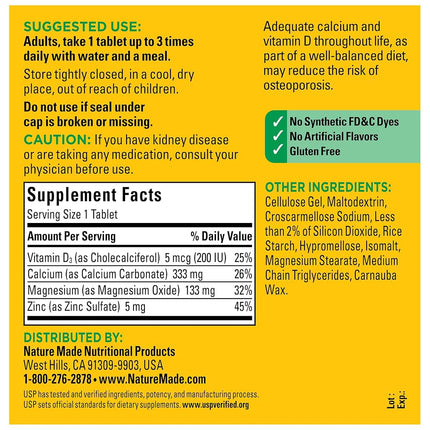 Nature Made Calcium Magnesium Zinc Tablets with Vitamin D, 300 Count