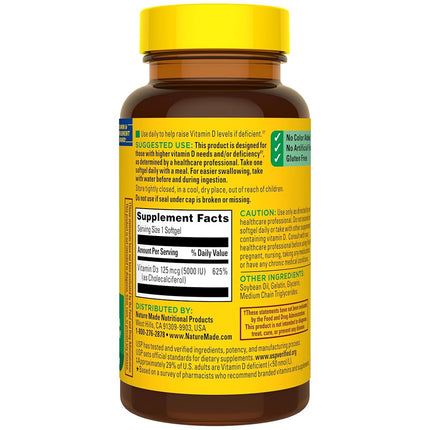 Nature Made Extra Strength Vitamin D3 5000 IU Softgels (125 mcg), 360 Count for Bone Health† Value Size (Packaging May Vary)