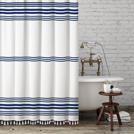 Seasonwood Blue Shower Curtain with Tassel for Bathroom Decor,Blue Striped Shower Curtain,Chic Polyester Bath Curtain 72 x 72