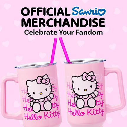 Gobelet isotherme en acier inoxydable Silver Buffalo Sanrio Hello Kitty avec poignée et paille compatible avec les porte-gobelets standards 38 L