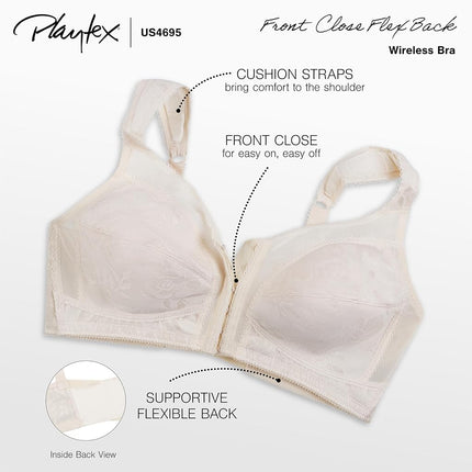 Playtex Women's 18 Hour 4695 Front-Close Wirefree Bra with Flex Back, Black, 44D