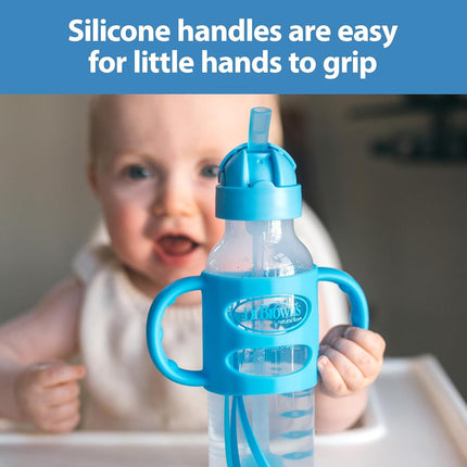 Dr. Brown's Milestones Narrow Sippy Straw Bottle, Spill-Proof with 100% Silicone Handles and Weighted Straw, 8 oz/250 mL, Gray & Blue, 6m+