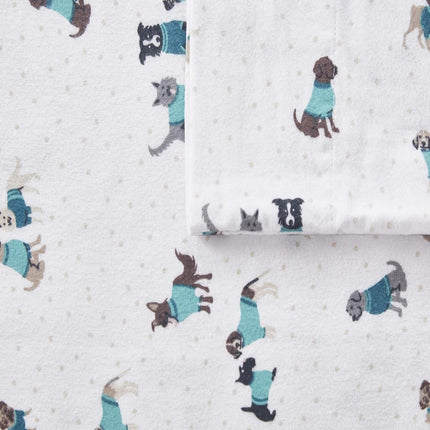Intelligent Design Cozy Soft 100% Cotton Flannel Print Animals Stars Cute Warm, Ultra Soft Cold Weather Sheet Set Bedding, Twin XL, Teal Dogs 3 Piece