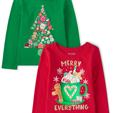 The Children's Place Baby Girls' and Toddler Assorted Everyday Short Sleeve Graphic T-Shirts, Xmas Tree/Xmas Merry 2-Pack, 12-18 Months