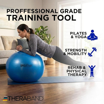 TheraBand Exercise Ball, Professional Series Stability Ball with 75 cm Diameter for Athletes 6'2" to 6'8" Tall, Slow Deflate Fitness Ball for Improved Posture, Balance, Yoga, Pilates, Core, Blue