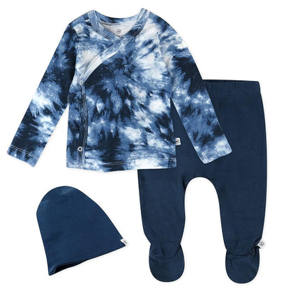 HonestBaby Ensemble 3 pièces pour bébé garçon, haut kimono en coton bio, pantalon à pieds et bonnet, Tie Dye Blues, 0-3 mois