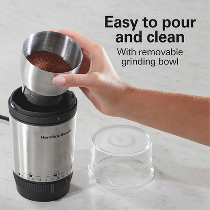 Hamilton Beach Custom Grind Electric Coffee Grinder for 4-14 Cups, One-Press Hand-Free Operation with Auto Shutoff, Removable Grinding Bowl for Easy Pour and Clean, Stainless Steel (80406)