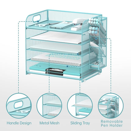 SUPEASY 5 Tier Desk Organizer with Handle & Removable Pen Holders, Mesh Paper/File Organizer for Desk, Paper Letter Tray Organizer for Office Supplies (Blue)