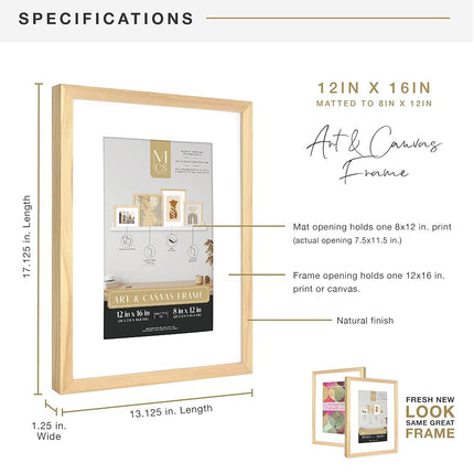 MCS Gallery Wooden Frame for Canvas, Art Boards, Photos and more, Natural, 12x16 with 8x12 Mat
