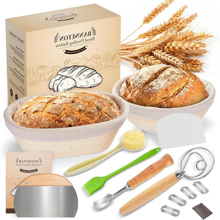 Ensemble de 2 paniers à pâte levée artisanale – Kit de paniers banneton avec rond de 23 cm et ovale de 25 cm, 6 accessoires pour la cuisson du pain