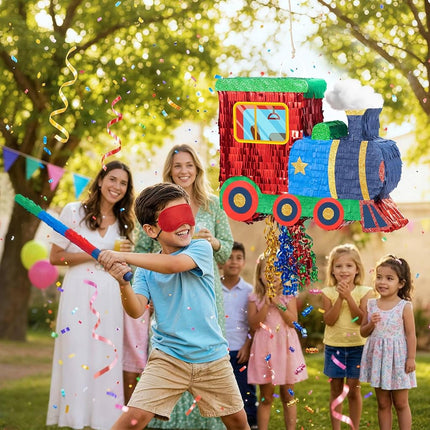 WERNNSAI Train Piñata - Train Themed Piñata with Pull String, Stick and Blindfold, for Birthday Decorations Party Supplies Carnivals Games Supplies (16.5"x12.4"x3")