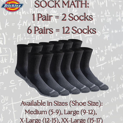 Dickies Men's Dri-tech Moisture Control Mid-Crew Socks, Available in M-XL (6, 12, Comfort Length Black (6 Pairs), Medium (Pack of 6)