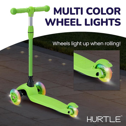 Hurtle Mini Kickboard Scooter for Kids - Height Adjustable 25''-28'', Lightweight 3-Wheel Toddler Scooter with LED Light-up Wheels, Anti-Slip,Indoor/Outdoor Fun for Ages 2-5 (Green)