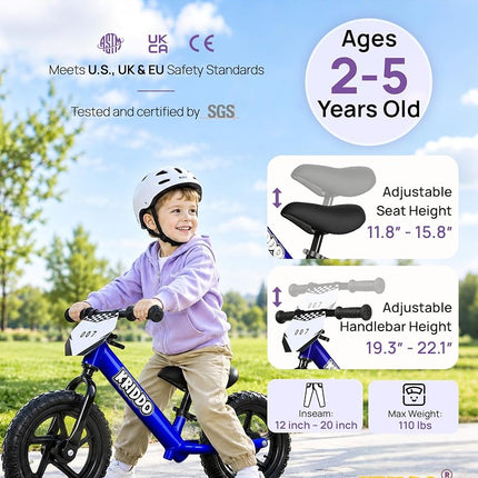 KRIDDO Toddler Balance Bike 2 Year Old, Age 18 Months to 5 Years Old, 12 Inch Push Bicycle with Customize Plate (3 Sets of Stickers Included), Steady Balancing, Gift Bike for 2-3 Boys Girls, Blue