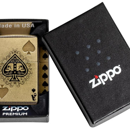 Zippo Windproof Lighter - Ace of Spades Design, 540° Tumbled Brass, Lustre/Fusion - Refillable - Reusable - Windproof Design - Gift Box - Made in USA