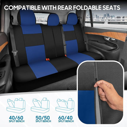 BDK PolyPro Car Seat Covers Full Set in Blue on Black – Front and Rear Split Bench Seat Covers, Easy to Install, Car Accessories for Auto Trucks Van SUV