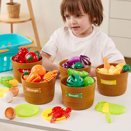 JOYIN 69-Piece Montessori Play Food Set- Cutting Fruits & Vegetables Toys for Toddlers 3-5, Pretend Kitchen with Shopping Basket, Educational Sorting & Counting Games for Daycare. (BPA Free)