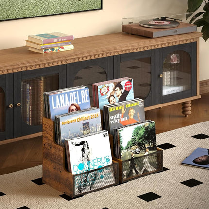 Yuzehuaza Rustic Stepped 3-Tier LP Vinyl Record Crate with Metal Grid, Wooden Album Storage Desktop Organizer Box for Vinyl, Rustic Brown & Black (Patent Pending)