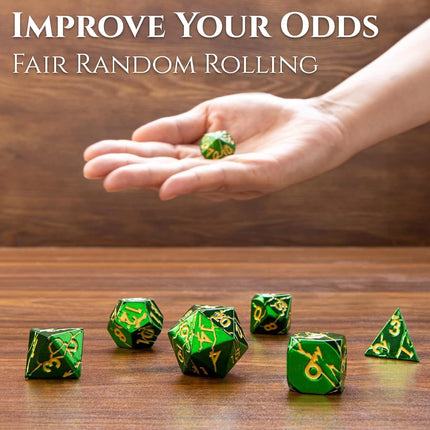 Metal Dice for DND - Ancient Cracked Lightning - Green Gold Cracks