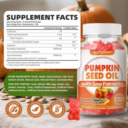 softbear Pumpkin Seed Oil Gummies, Organic Pumpkin Seed Oil Supplement with Saw Palmetto for Hair Growth & Skin Health, Cold Pressed/Suagr-Free, Raspberry Flavor 120 Count