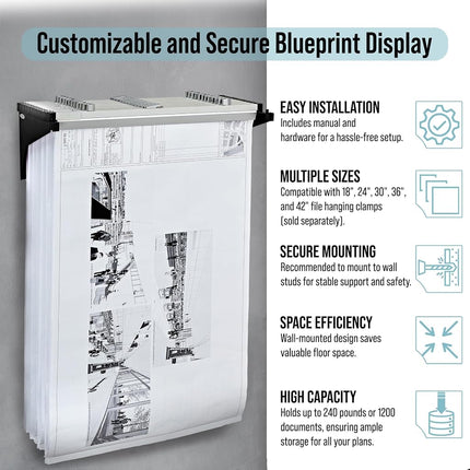 Adir Corp. Drop - Lift Wall Rack for Blueprints - Plans, Black (Without File Hanging Clamps)