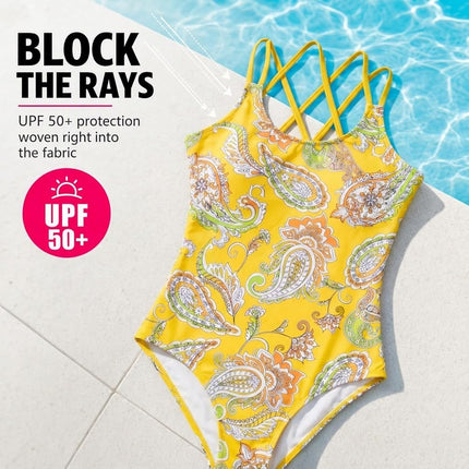Kanu Surf Girls' Reese UPF 50 Beach Sport Criss-Cross One Piece Swimsuit, Summer Yellow, 8
