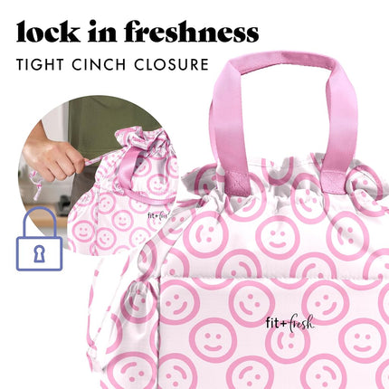 Fit & Fresh Cromwell Drawstring Lunch Bag for Women, Complete Lunch Set with 2 Containers, Stain-Resistant, Leak-Resistant, Back to School Essential, Teacher Lunchbox, All Smiles Pink