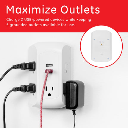 GE Adaptador de salida con protector de sobretensión 5 2, 560 julios, estación de carga rápida, puertos USB-A de 12 W, acceso lateral, compatible con Apple iPhone, iPad, Samsung Galaxy, Google Pixel, blanco, 58297