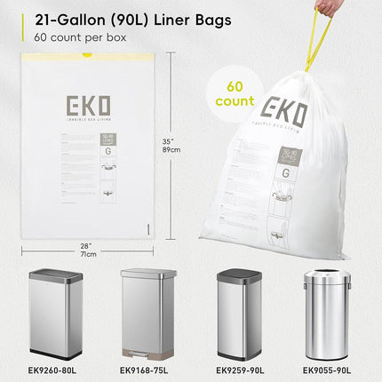 EKO Extra Strong 21 Gallon Large Trash Bags, Heavy-Duty Drawstring Kitchen & Household Garbage Bags (80L), Leak-Resistant, Fresh Floral Scent, Continuous Odor Control, 60 Count, Code G