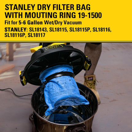 Stanley 19-1500 Filtro reutilizable de tela azul con anillo de sujeción para aspiradoras húmedas/secas de 5-6 galones, compatible con SL18115, SL18115P, SL18116, SL18116P, SL18191P, SL18199P, SL18117, SL18701P-10A, SL18410P-5A