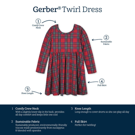 Gerber Baby Girls' Toddler vestido acampanado de manga larga extrasuave de viscosa de eucalipto, Plaid About You, 18 meses