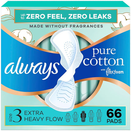 Always Pure Cotton Feminine Pads for Women, FlexFoam Pads with Wings, Size 3, Extra Heavy Flow Absorbency, Unscented, 66 Count (3 Packs of 22)