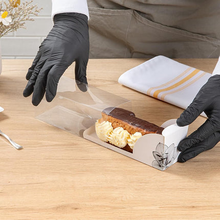 Restaurantware-7 Inch x 2.5 Inch Clear Dessert Boxes, 100 White Paper Sleeve Transparent Candy Boxes - Lotus Accent, No Grease Lining, Clear Plastic Clear Favor Boxes, Crack Resistant, Disposable