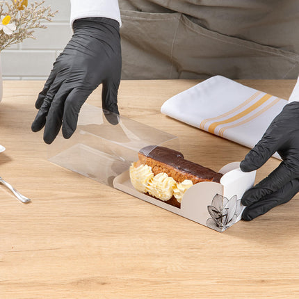 Restaurantware-7 Inch x 2.5 Inch Clear Dessert Boxes, 100 White Paper Sleeve Transparent Candy Boxes - Lotus Accent, No Grease Lining, Clear Plastic Clear Favor Boxes, Crack Resistant, Disposable